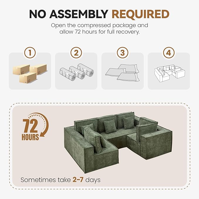 108'' Boneless Chenille U Shaped Couch, Oversized Modular Sectional 5 Seater Sofa, Modern Deep Seat Corner Cloud Compressed Couch, No Assembly Sleeper Sofa with Chaise for Living Room, Green