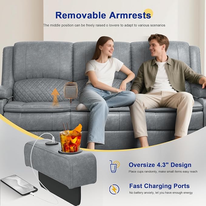 Recliner Sofa 3 Seater Sofa with Recliner, Home Theater Seating with Liftable Console & Removable Armrest, Manual PU Leather Reclining Couch with Cup Holders & USB Ports for Living Room/RV (PU,Grey)
