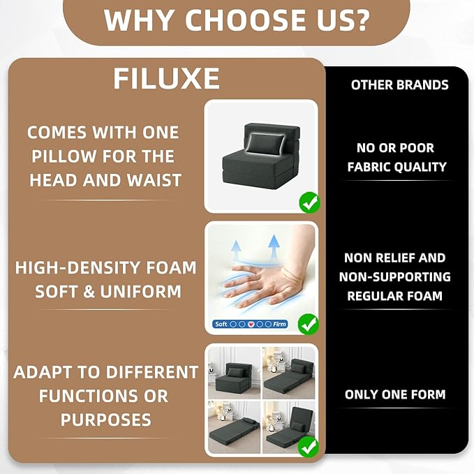 FILUXE Folding Sofa Bed | Convertible Sleeper Chair Bed for Adults, Fold Out Chair to Bed Linen Futon Chair with Pillow, for Home Dorm Apartment RV Living Room, Single Size Dark Gray