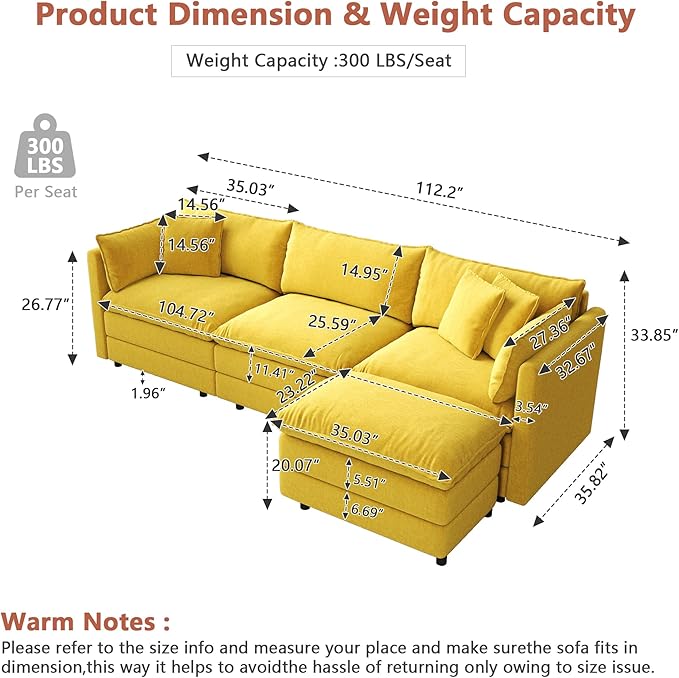Setawix Deep 3 Seater Couch with Ottoman,112.2" L-Shaped Cloud Couches for Living Room,Chenille Cloud Sofa Couch with Deep Seat,Modular Sectional L Shape 3 Seat Sofa for Bedroom (Yellow, 3+1)