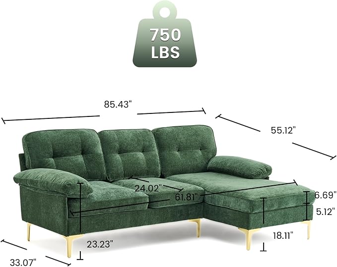 Sectional Couches for Living Room,85" L-Shaped Sofas,Modern Couch with Deep Seats & Chaise Longue,Removable Sofa Pillows Washable,Sofa for Apartments(Chenille,Green)