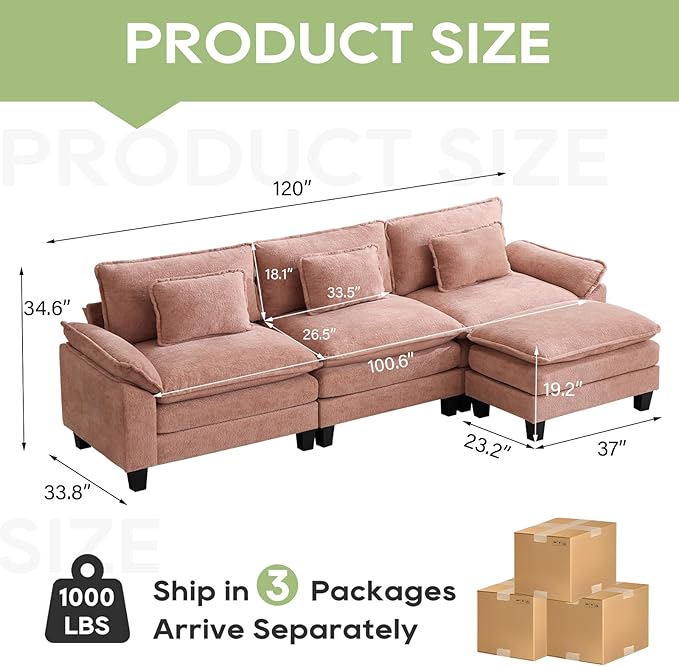 120" Modular Sectional Sofa, Comfy Cloud Couch Sectional Sofa with Ottoman, Chenille Sofa Sleeper Deep Seat Sofa with Throw Pillows for Living Room (Pink, 120"- L Shape)