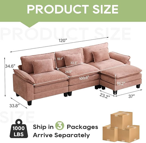 120" Modular Sectional Sofa, Comfy Cloud Couch Sectional Sofa with Ottoman, Chenille Sofa Sleeper Deep Seat Sofa with Throw Pillows for Living Room (Pink, 120"- L Shape)