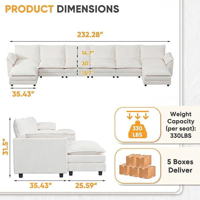 232.28'' Oversized U Shaped Couch, Modular Sectional Sofa with 2 Movable Ottoman, Chenille Cloud Couches with Double Layer Cushion, Thick Cushions Couches for Living Room (White, Oversized Sofa)