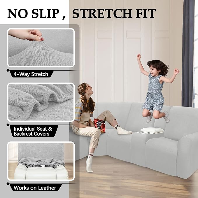 Reclining Sectional Couch Covers Waterproof L Shape Washable Recliner Sofa Cover for L Shaped Sectional Super Stretch Soft Corner Recliner Slipcovers (5 Seater 2 Console Cover, Ash Gray)