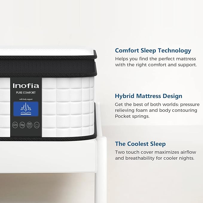 Inofia Twin Mattress, 12 Inch Hybrid Innerspring Single Mattress Cool Bed, Breathable Soft Knitted Fabric Cover, Medium Firmness