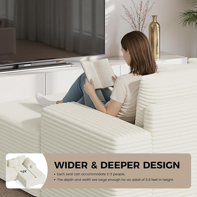 111'' Modular Sectional Cloud Couches with Chaise, L Shaped Extra Large Sleeper Couch Reversible Fluffy Corduroy with 8pcs Pillows for Living Room(Beige Right Facing Chaise)