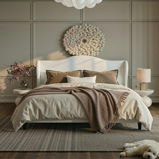 Allewie Velvet Platform Queen Bed Frame with Wingback and 47" Tall Tufted Headboard, Modern Minimalist Design, No Box Spring Required, Tool-Free Assembly, White