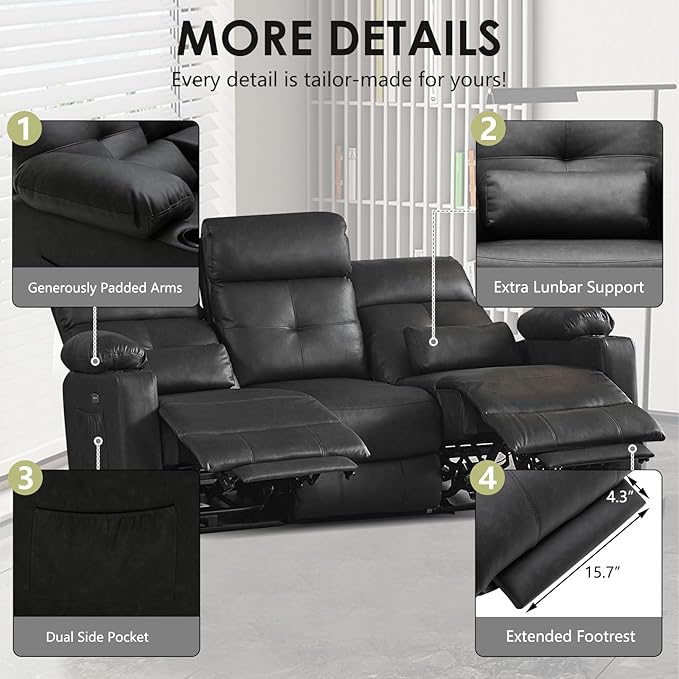 Power Recliner Sofa Set for Living Room, 2 Pieces Recliner Furniture Sofa Set, Power Reclining Sofa and Loveseat Set with Massage and Heat, Reclining Loveseat with Console for Living Room