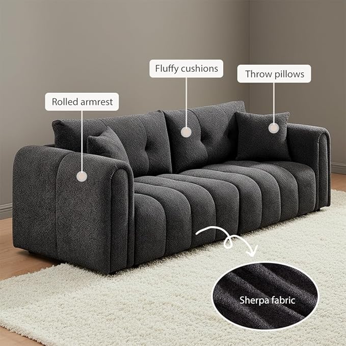 91.5" W Cloud Boucle Sofa for Living Room, Modern Comfy Boucle Couch with Rolled Arms and Soft Pillows, Teddy Oversized Loveseat for Apartment, Studio, Bedroom, Dark Grey
