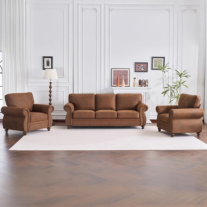 Living Room Furniture Sets,Sofa Sets and Couch Sets for Living Room,Mid-Century Vintage Sofa Couches with Rivet Design (Caramel, 2 Single+3 Seater)