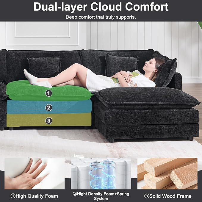 Modular Sectional Sofa with Ottoman, 76.7" Modern L Shaped Sectionals Cloud Couch, Comfy Couch Loveseat, 3 Seat Chenille Deep Seat Sofa with Pillow for Living Room,Bedroom Apartment,Small Spaces-Black