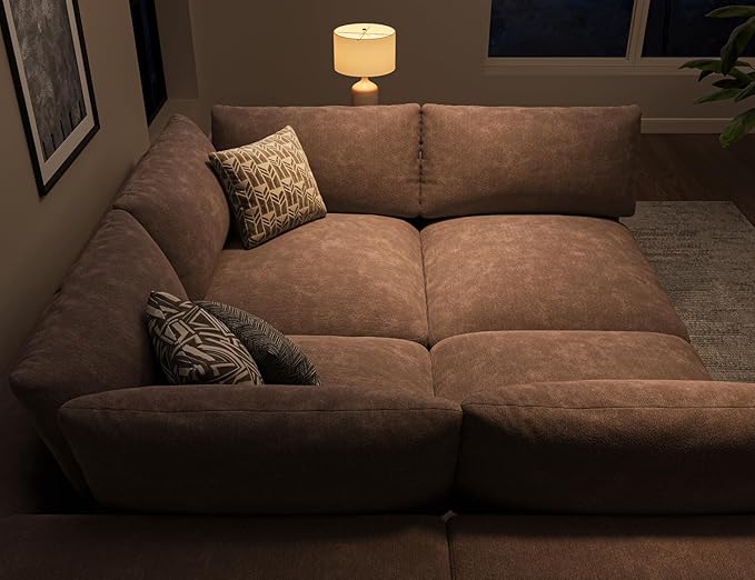 120" Cloud Sectional Couch | Oversize Boneless Couches for Living Room | 4 Seater L-Shape Sofa | Brown