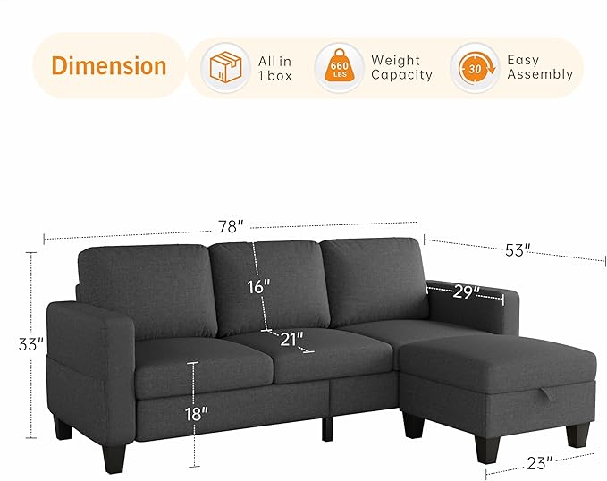 78" Sectional Sofa Couches for Living Room, Dark Grey Convertible L Shaped Couch with Storage Ottoman, Deep Seat Pet-Friendly Linen Fabric Sofa Set for Small Space, Apartment, Dorm