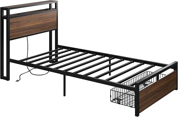 LIKIMIO Twin Bed Frames with Drawer, Storage Headboard with Outlets, No Box Spring Needed, Easy Assembly, Walnut