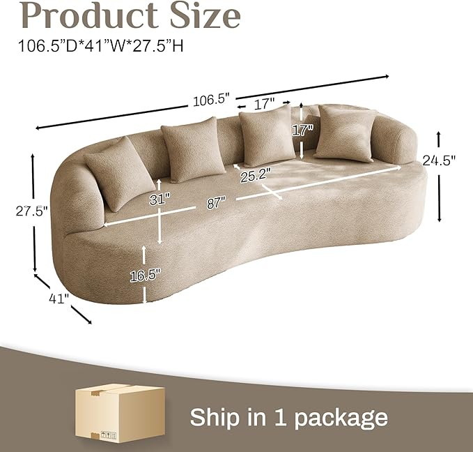 107" Curved Sofa for Living Room, Modern Chenille Cloud Couch Sofa, Luxury Plush Extra Deep 4-Seater Oversized Boucle Couch for Small Spaces, Apartment‌, No Assembly Required, Light Brown