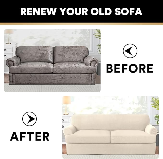 PrinceDeco T Cushion Sofa Slipcover 3 Pieces Sofa Covers for T Cushion Couch Soft Couch Covers Sofa Slip Cover Furniture Covers with 2 Individual T Shape Seat Covers Width Up to 88", Natural