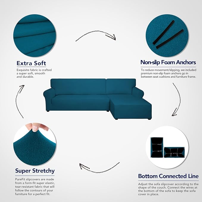 PureFit Super Stretch Sectional Couch Covers - 2 pcs Spandex Non Slip Sofa Covers with Elastic Bottom for L Shape Sectional Sofa Couch for Kids & Pets (3 Seat Sofa + 2 Seat Chaise, Peacock Blue)