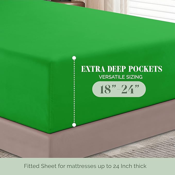 Elegant Comfort 1500 Premium Hotel Quality 18-24 Inches Deep - Extra Deep Pocket Single Fitted Sheet for High Mattress, Luxury and Softest, Smart Pocket - Wrinkle Free, Twin/Twin XL, Emerald Green