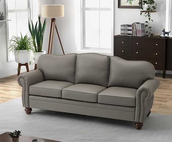 HULALA Home 81'' Upholstered Leather Sofa with Nailhead Trim and Rolled Armrests, Mid-Century Modern Living Room 3-Seater Couch, Grey Couch with Removable Cushion for Bedroom Apartment