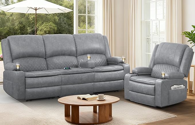 3+1 Manual Recliner Sofa, Maximum Load Capacity 1800lbs & Ergonomics Design, Multi-Functional Middle Seat & Home Theater Seating with Removable Armrest and Storage for RV Living Room (PU,Grey)