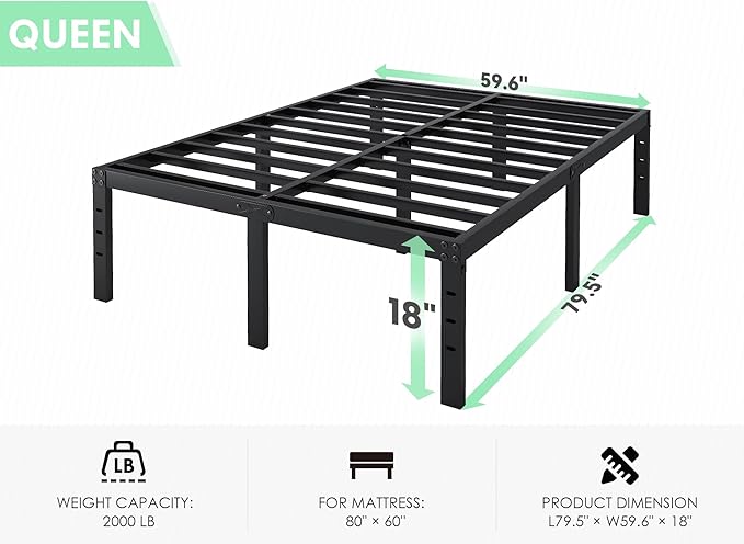 QEROMY Queen Bed Frame - 18 in Sturdy Platform Bed Frame Queen Size, Heavy Duty Metal Bed Frame No Box Spring Needed, Quick & Easy Assembly, No Noise, Black
