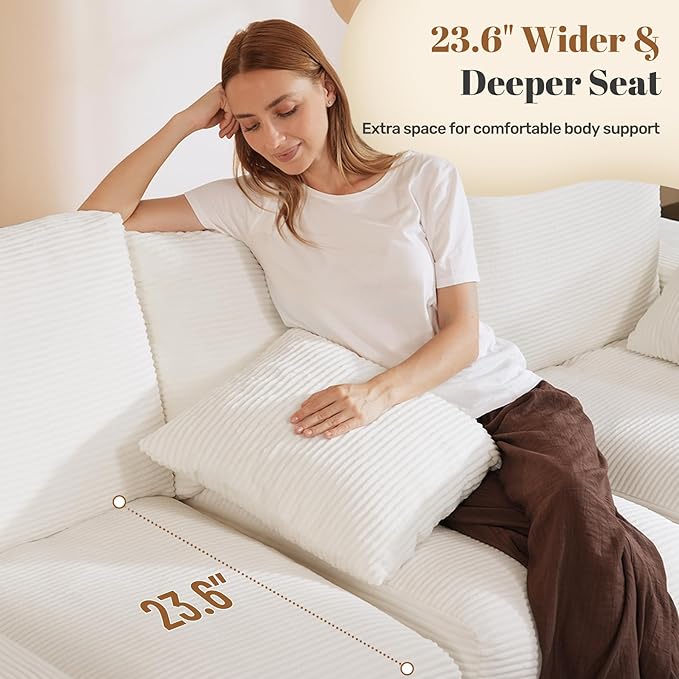 91.7" Boneless Sofa Couch with Layered Cushion,3 Seater Cloud Couch with Deep Seat,Upholstered Corduroy Floor Sofa with Removable Cover &Throw Pillows for Living Room,No Assembly, Beige
