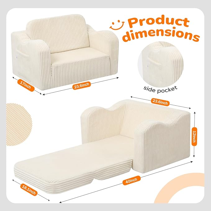 MeMoreCool Toddler Couch Fold Out – 2-in-1 Convertible Kids Sofa Bed with Soft Corduroy Cover, High-Density Foam Toddler Chair for Ages 1–3, Foldable Floor Lounger with Machine-Washable Cover, Beige