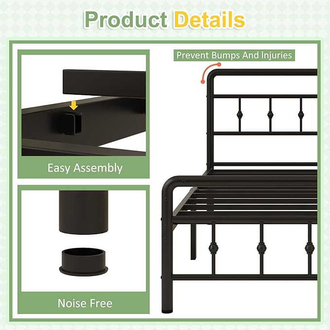 Richwanone 14 inch Twin Bed Frame with Headboard and Footboard, Heavy Duty Metal Bed Frame Victorian Style, No Box Spring Needed, Easy Assembly, Black
