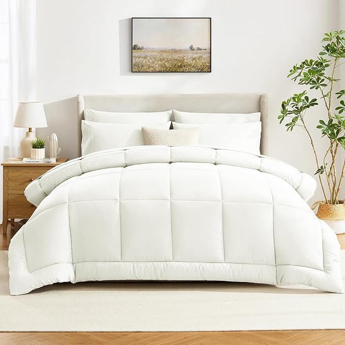 CozyLux Full Size Comforter Set Ivory, 7 Pieces Bed in a Bag, Ivory Comforter Full Size, Bedding Sets with All Season Quilted Comforter, Flat Sheet, Fitted Sheet, Pillowcases