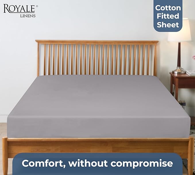 Royale Linens 100% Organic Cotton Fitted Sheet - Percale Weave - Super Soft Deep Pocket Bottom Sheets - Elastic Sheet Queen Size - Queen Fitted Sheets Only - (60"x80"+15", Silver)