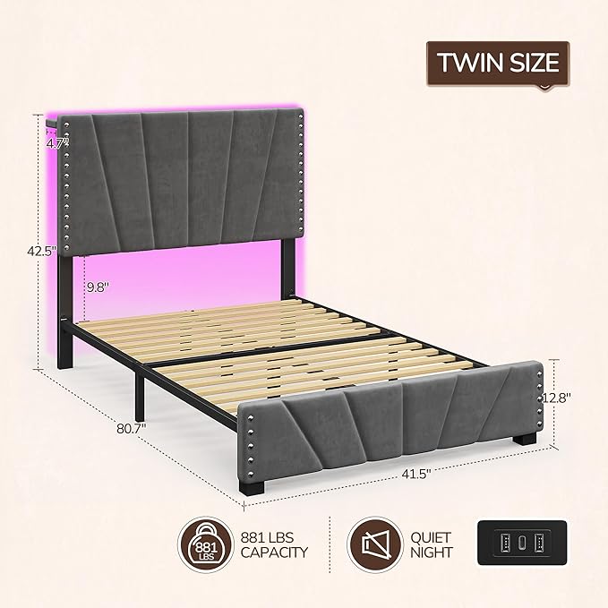 EnHomee Twin Bed Frame, Twin Size Bed Frame and Headboard, Bed with Charge Station and Led Light for Bedroom Apartment, Dorm, Noise-Free, Easy Assembly, Gray