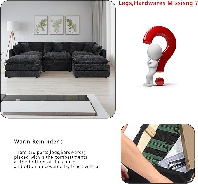 Setawix Deep 3 Seater Couch with Ottomans,112.2" U-Shaped Cloud Couches for Living Room,Chenille Cloud Sofa Couch with Deep Seat,Modular Sectional U Shape 3 Seat Sofa for Bedroom(Black, 3+2)