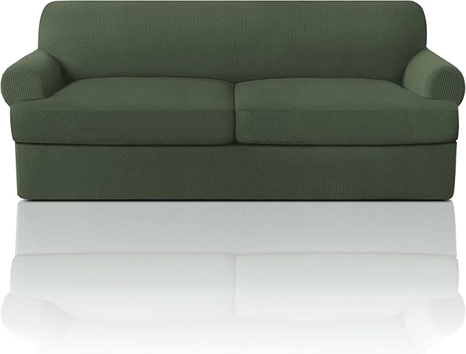 PrinceDeco T Cushion Sofa Slipcover 3 Pieces for Sofa, Soft Couch Cover, Furniture Covers with 2 Individual T Cushion Shape Seat Covers Width Up to 88 Inch, Washable, Bronze Green