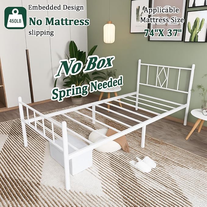 Decorwise 14 Inch Twin Size Bed Frames with Headboard/Footboard, Under Bed Storage, Strong Metal Slats Support, No Box Spring Needed, Noise Free, Easy Assembly, White