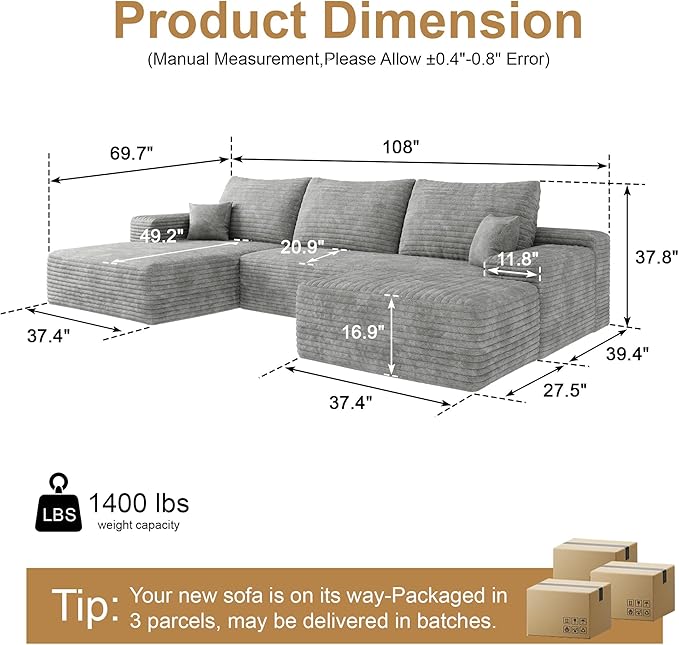 108" Sectional Couches for Living Room Cloud Couch Sofa with L-Shape Upholstered Boneless Couchs Modern Modular Sectional Couch with Chaise (Grey, 108" Left Facing Chaise+2Seaters+1Ottoman)