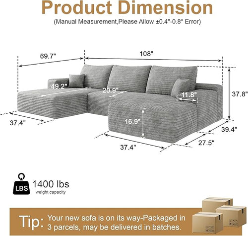 108" Sectional Couches for Living Room Cloud Couch Sofa with L-Shape Upholstered Boneless Couchs Modern Modular Sectional Couch with Chaise (Grey, 108" Left Facing Chaise+2Seaters+1Ottoman)