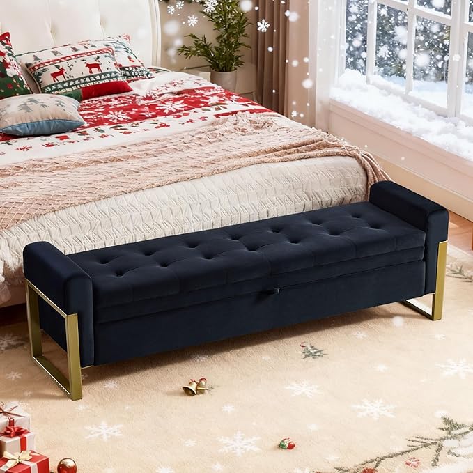 67" End of Bed Storage Bench King Size, Velvet Storage Bench for Bedroom Foot of Bed, Upholstered Storage Ottoman Bench with Gold Legs for Window Living Room Entryway, Black