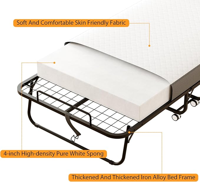 Folding Bed with Mattress, 75" x 31" Rollaway Bed with Memory Foam Mattress for Adults, Portable Foldable Guest Bed with Metal Frame, Luxury Single Bed for Home& Office Space Saving