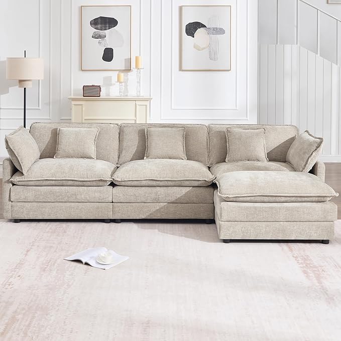 111.5" Modular Sectional Sofa, Large L Shaped Sectionals Cloud Couch, Big Comfy 3-Seat Couch with Ottoman, 4 Seater Chenille Sectional Sofa with Deep Seat and 5 Pillows for Living Room- Camel