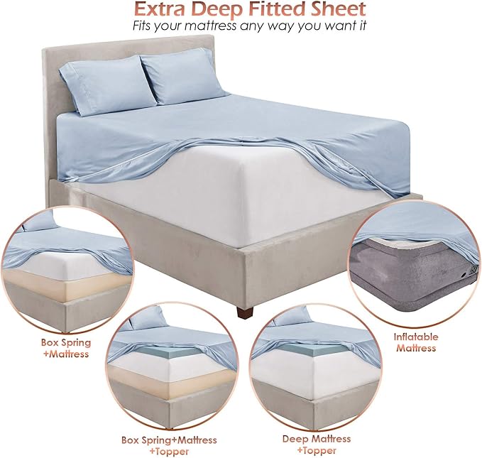 Hearth & Harbor Extra Deep Pocket Sheets - Fits Mattress 18-24 Inches Deep - Extra Deep Pocket Twin XL Sheets Sets - 4 Piece Twin XL Size - Ice Blue