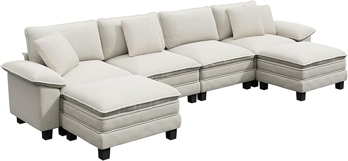 PHI VILLA Cloud Modular Couch Sets, 157.5" Sectional Sofa with U-Shaped Chaise, 6-Seater Couches with Movable Ottomans for Living Room, Chenille Fabric, Beige