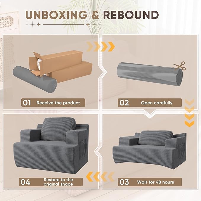 Homall 42” Single Sofa Foam Couch for Small Spaces Upholstered Floor Sofa with Cup Holder & Storage Pocket Boneless Couch for Bedroom Living Room (Grey, Single)