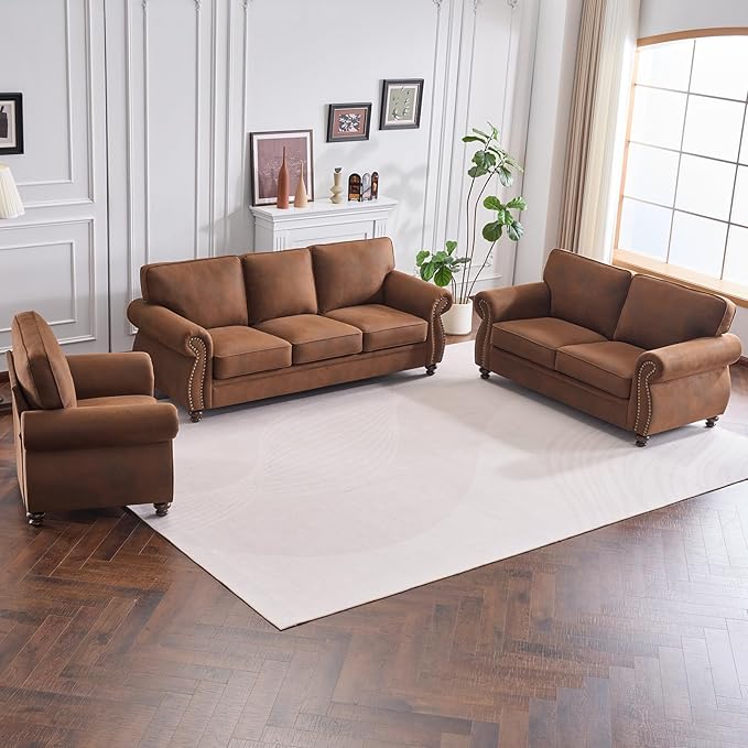 Living Room Furniture Sets,Sofa Sets and Couch Sets for Living Room,Mid-Century Vintage Sofa Couches with Rivet Design (Caramel, Single+Loveseat+3 Seater)