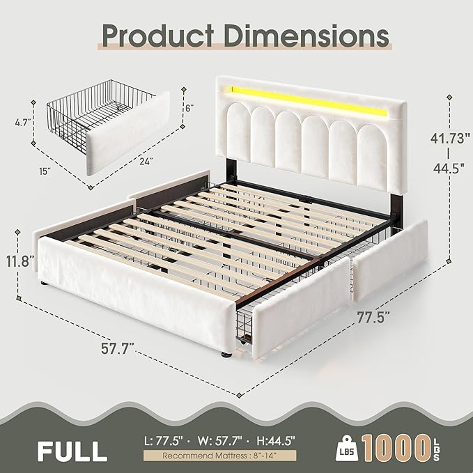 Homkdom Velvet Upholstered Full Size Bed Frame with 4 Storage Drawers, Vertical Arched LED Headboard, Sturdy Wood Slats Support, No Box Spring Needed, Beige