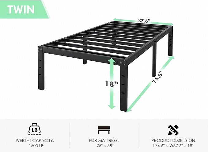 Twin Bed Frame - 18 in Sturdy Platform Bed Frame Twin Size, Heavy Duty Metal Bed Frame No Box Spring Needed, Quick & Easy Assembly, No Noise, Black