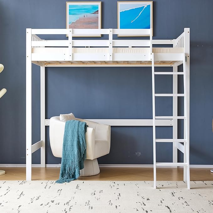 VINGLI Full Loft Bed with USB Charging Station/LED, Solid Wood Double Loft Bunk Bed with Flat Rungs for Kids/Teens/Adults, 15 inches High Guardrail,Wood Slat Support No Box Spring Needed, White