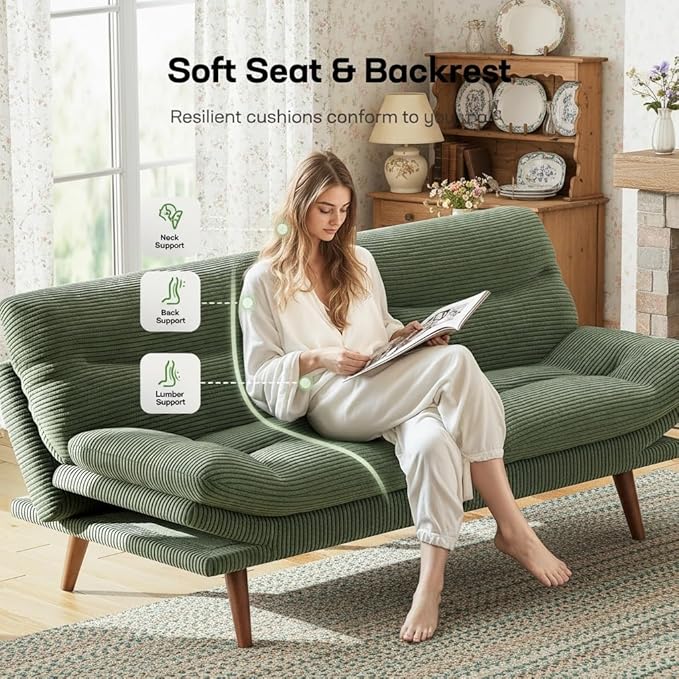 Marsail Futon Sofa Bed, 66” Futon Couch with Adjustable Backrest & Armrests, Convertible Small Sleeper Sofa Bed for Small Apartments, Study Room, Office, Corduroy Loveseat, Olive Green