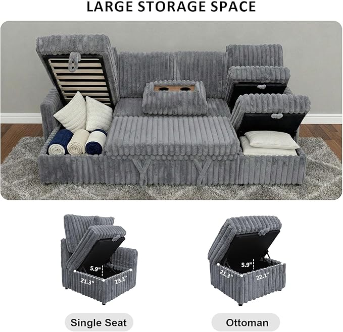 104" U Shaped Sleeper Sofa Bed, Sectional Couches for Living Room, Plush Corduroy Pull Out Couch Bed with Storage, Modular Sectional Couch with Charging Station, Cup Holder, Side Pocket, Light Grey