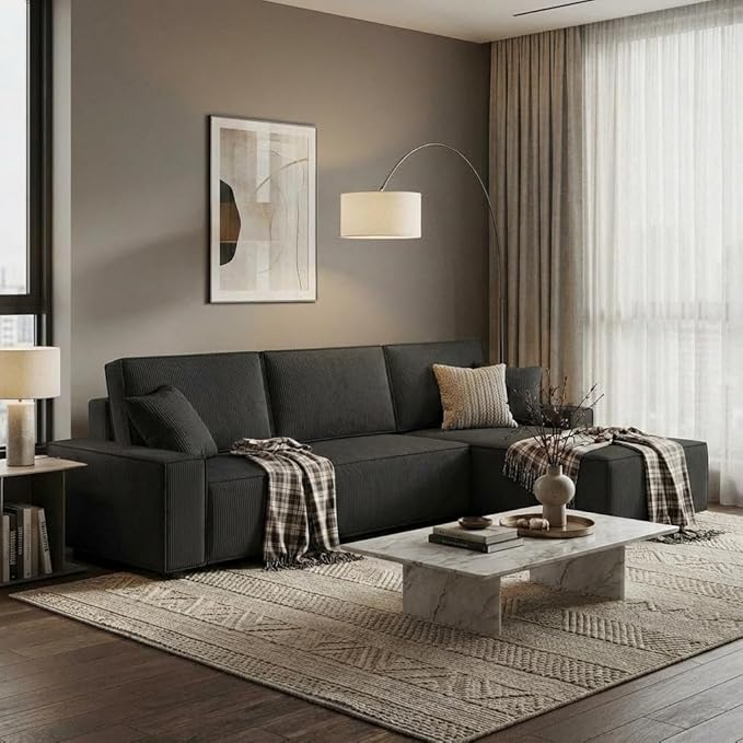 GAOMON Fine Stripe Corduroy Sectional Sofa, l Shaped Modern Corduroy Couch, Comfy Sofa Couch with Deep Chaise for Living Room, Apartment, Hotel, 96" w*61" d*32" h, Black